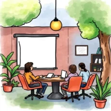 A team of professionals collaborates on a meeting agenda in a modern office setting.