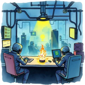 A team of cybersecurity professionals conducts simulations in a high-tech environment.