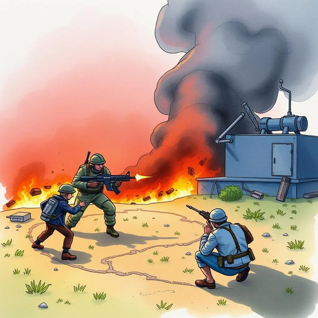 Threat prioritization assistant: Rank threats based on potential impact and likelihood 1 Illustration of a battlefield with soldiers amidst smoke and flames.