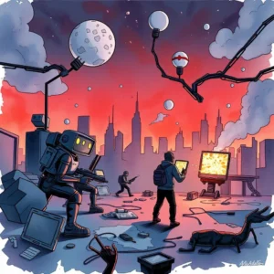Vulnerability assessment scenario designer in a futuristic cyber landscape with characters and devices involved in attack simulation.