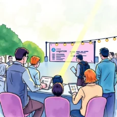 Attendees engaged in a discussion about the Attendee Inquiry Reply Maker tool at an outdoor event.