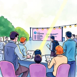 Attendee inquiry reply maker: Craft effective replies to inquiries from attendees 4 Attendees engaged in a discussion about the Attendee Inquiry Reply Maker tool at an outdoor event.