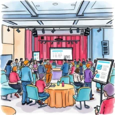 Event professionals analyzing feedback in a lively conference setting.