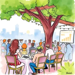 Rsvp support assistant: Generate supportive messages for RSVP queries 3 Attendees engaging in a discussion under a tree at an event with a presentation screen in view.
