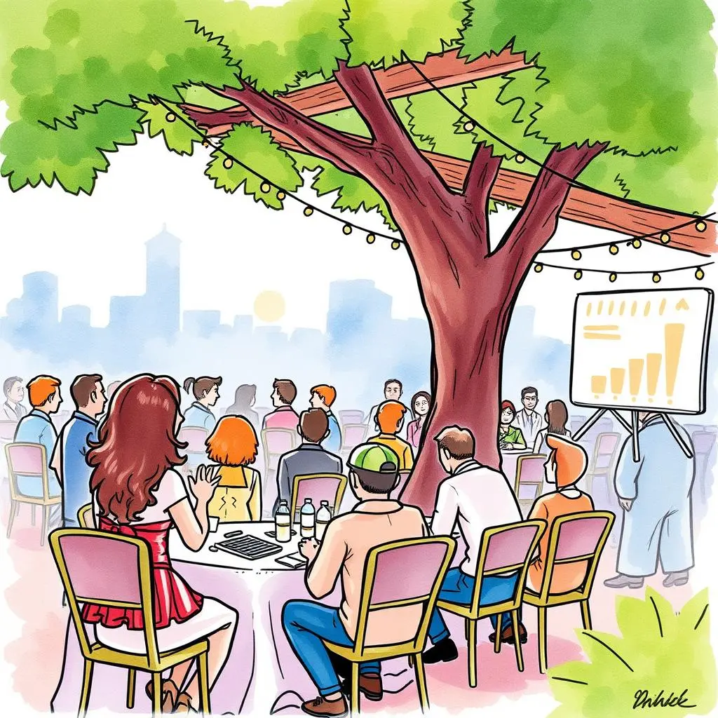 Rsvp support assistant: Generate supportive messages for RSVP queries 1 Attendees engaging in a discussion under a tree at an event with a presentation screen in view.