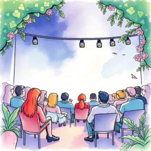 Audience gathering in a creative space for collaborative idea generation.