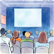 Audience watching a presentation with headphones in a conference setting, focused on feedback analysis.