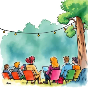 A group of professionals engaging with digital tools in an outdoor setting.