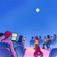 Audience engaged with digital devices under a night sky with a full moon.