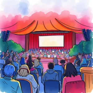 A diverse audience watching a presentation at an outdoor venue with a large screen in front.