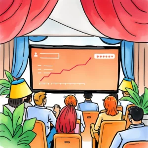 Audience members watching a presentation on response rates with a rising graph on the screen.