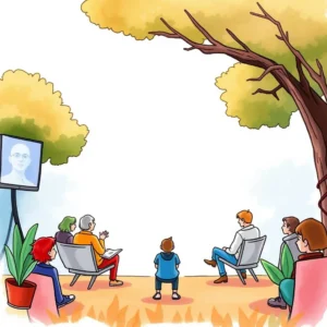 A group of people seated outdoors, listening to a presentation on a screen under trees.