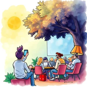 A group engaged in a collaborative meeting, surrounded by nature, with a person taking notes on a phone.