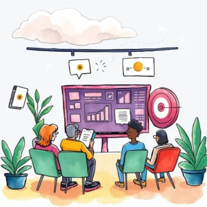 User feedback analysis meeting with diverse team reviewing visual data on a large screen.