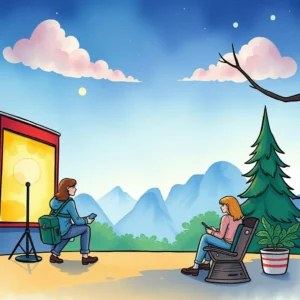 Two women engage with mobile devices in a serene outdoor setting.