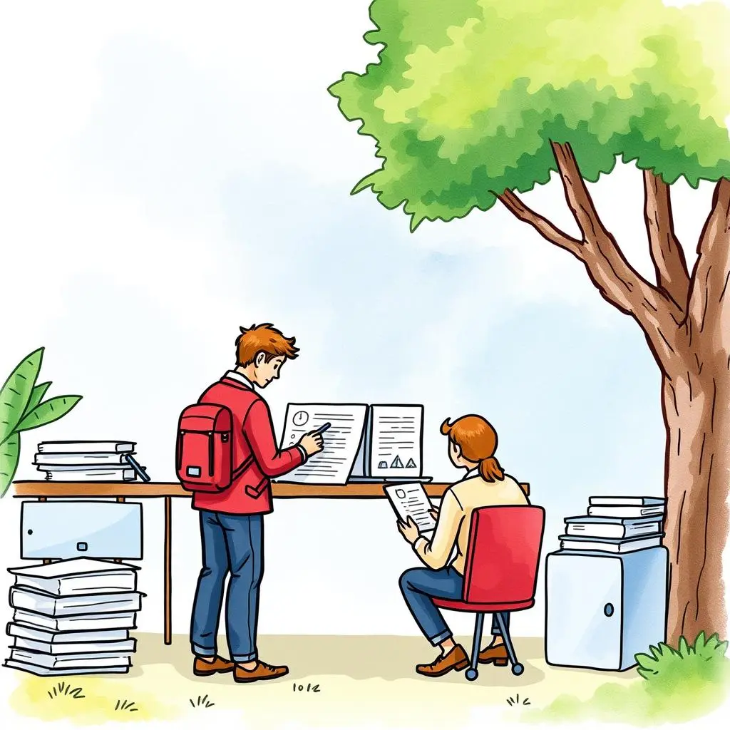 Audit evidence summarizer: Generate summaries of collected evidence 1 Two professionals reviewing documents outdoors near a tree, highlighting audit evidence.