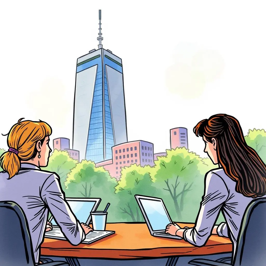 Audit feedback validator: Assess feedback consistency and relevance 1 Audit Feedback Validator tool being used by two professionals overlooking a cityscape with modern buildings.