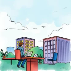 A person working on a laptop at an outdoor desk surrounded by modern buildings and greenery.