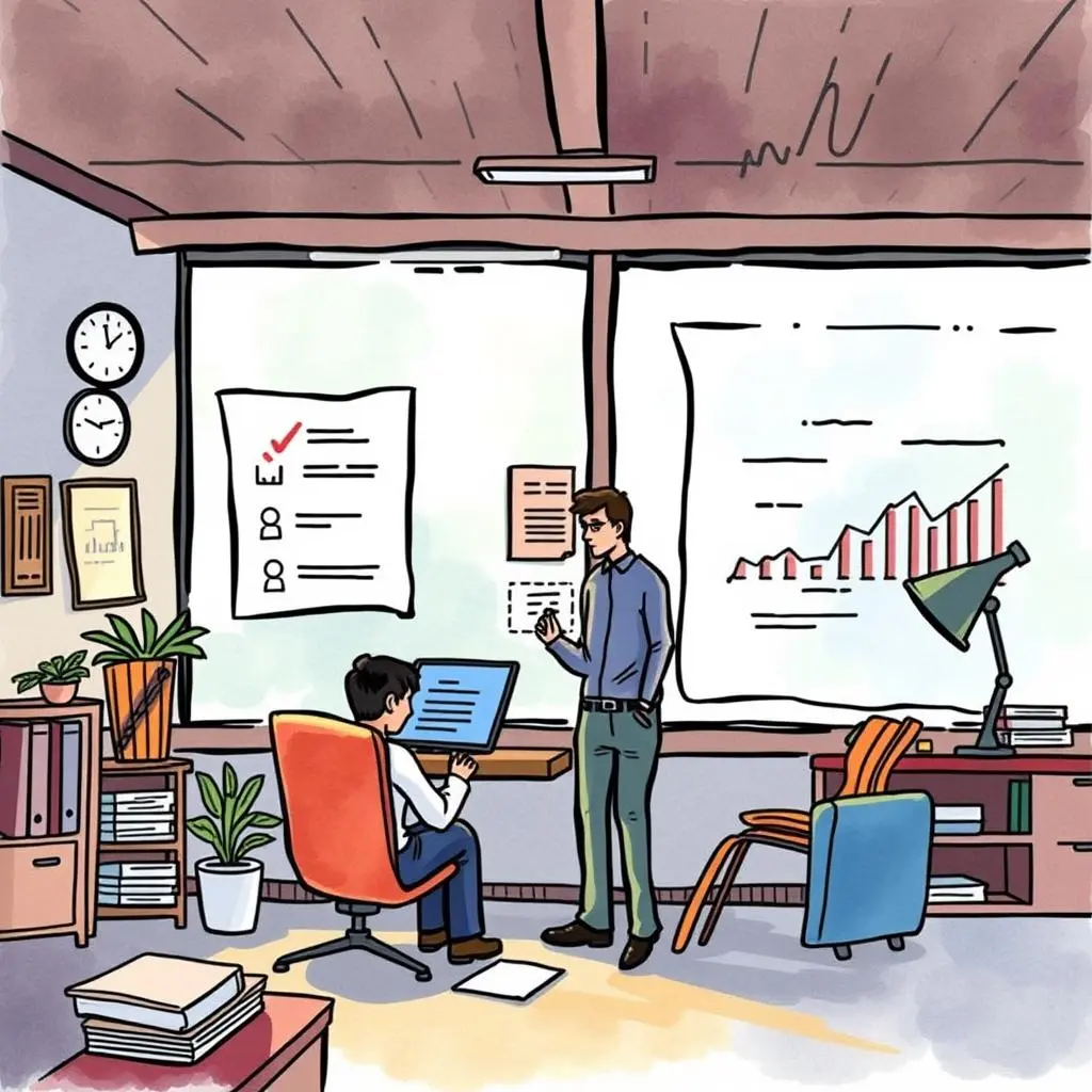 Two professionals collaborating on an audit checklist in a modern office.