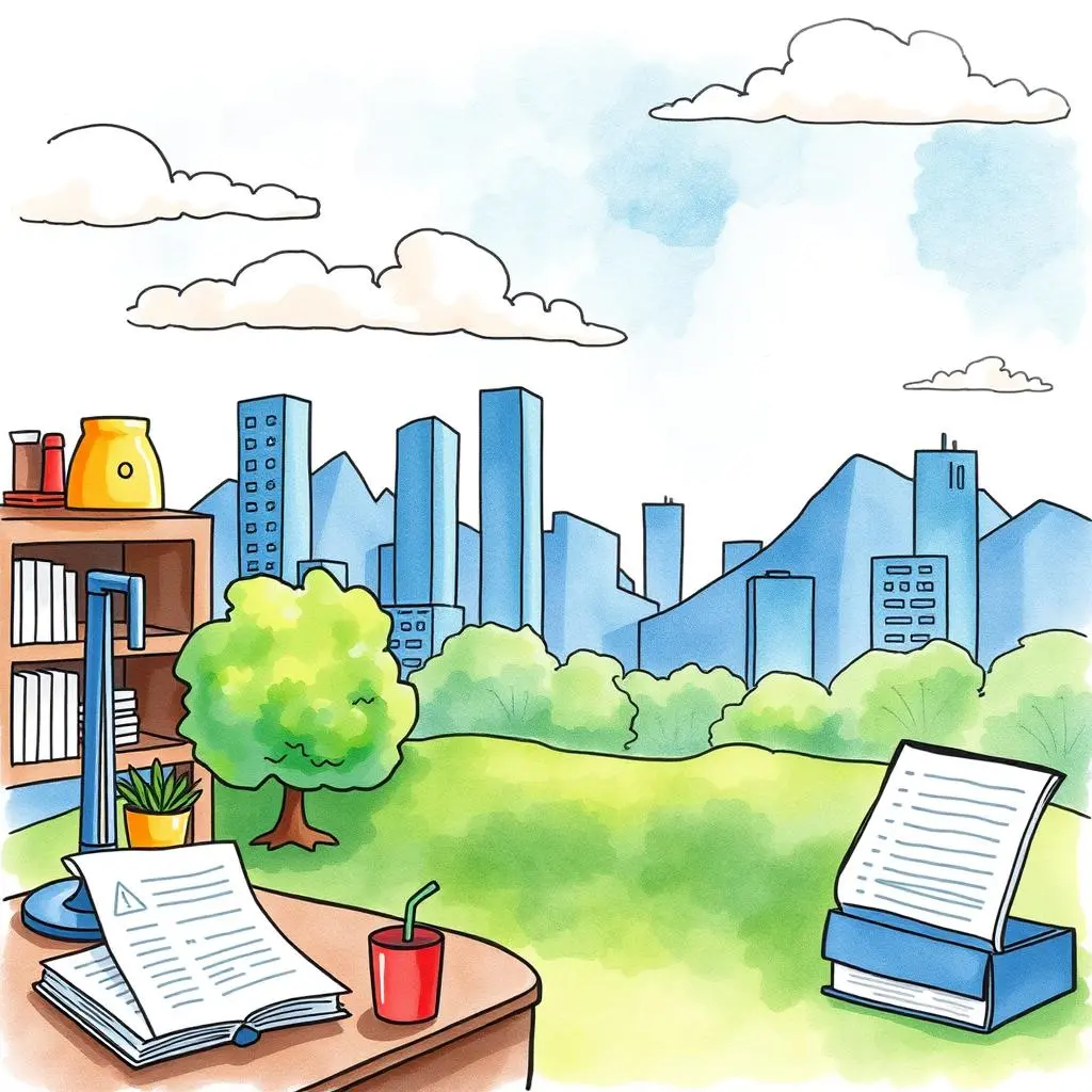 Audit document summarizer: Generate concise summaries of audit documents 1 A serene office scene with a view of a city skyline, showcasing tools for summarizing audit documents.
