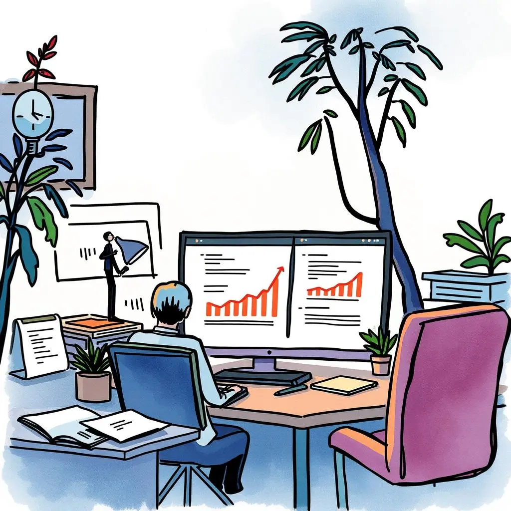 Audit material overview generator: Quickly generate overviews of audit-related documents 1 Person analyzing financial data on dual monitors in an office setting.