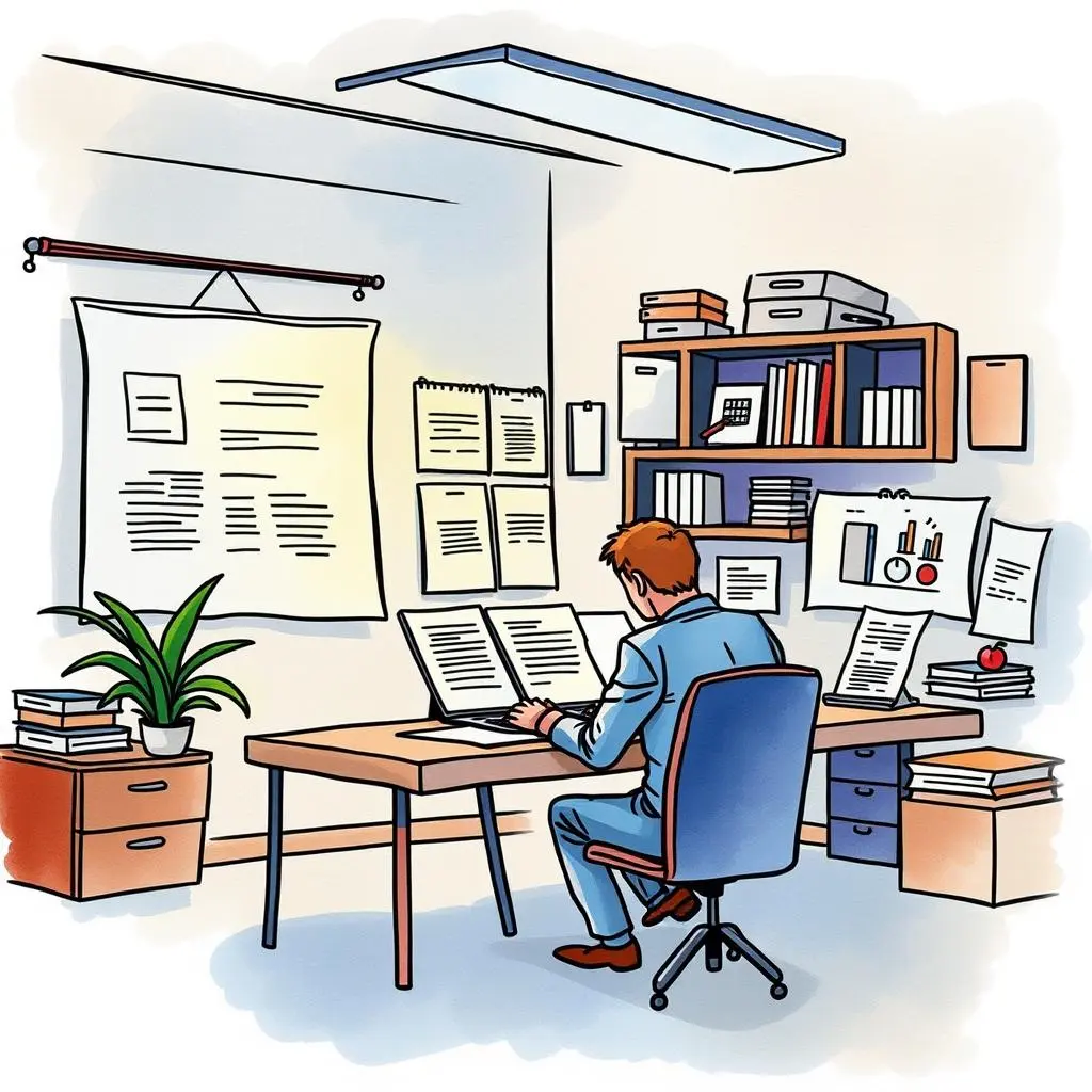 Document review input assistant: Streamline documentation for audit evaluation 1 Document Review Input Assistant at a desk with review documents in a finance office setting