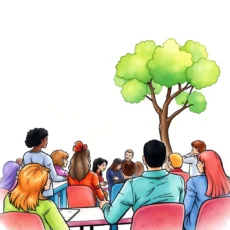 A diverse group discussing insights beneath a large tree.