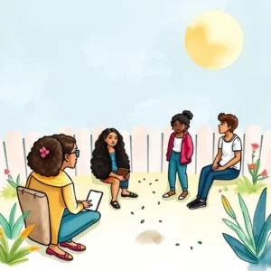 Inclusion report composer: Compile findings into clear narratives 7 A diverse group discussing inclusion in a tranquil outdoor setting.