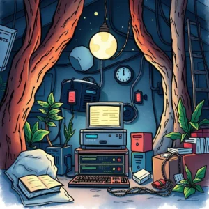 A cozy workspace featuring a retro computer surrounded by plants, books, and a clock, ideal for backup procedures