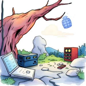 A serene landscape featuring a laptop and servers, symbolizing data backup processes.