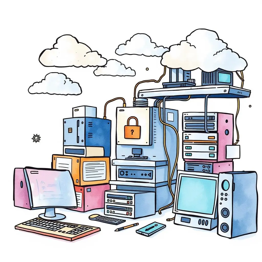 Backup awareness campaign builder: Create awareness campaigns for backups 1 Colorful illustration of computer systems and backup cloud storage technology.