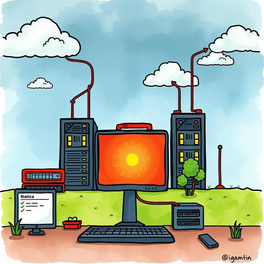 Risk assessment text analyzer: Evaluate disaster risks through textual input 1 Risk Assessment Text Analyzer tool visualized on a desktop with server equipment and a bright sun graphic
