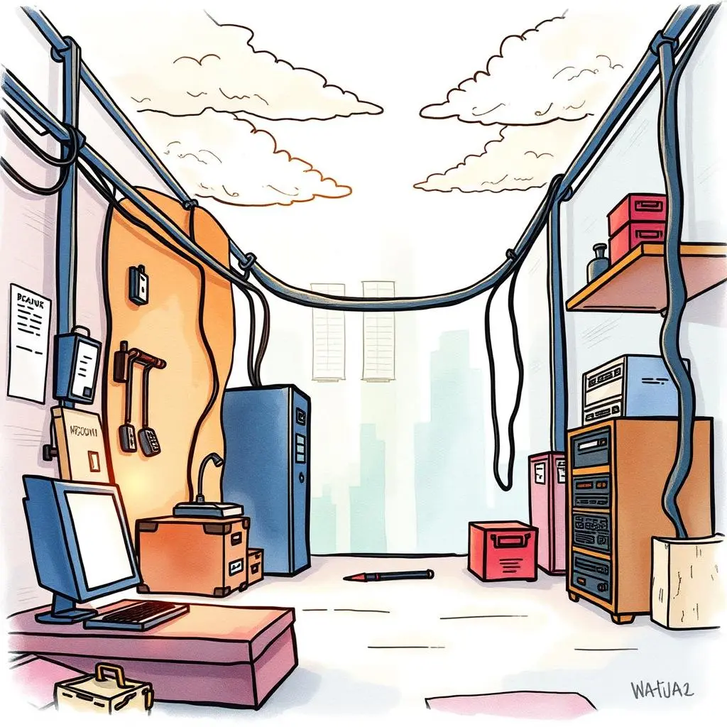 A workspace filled with cables and IT equipment representing disaster recovery planning tools.