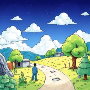 Illustration of a person walking on a path through a serene landscape.