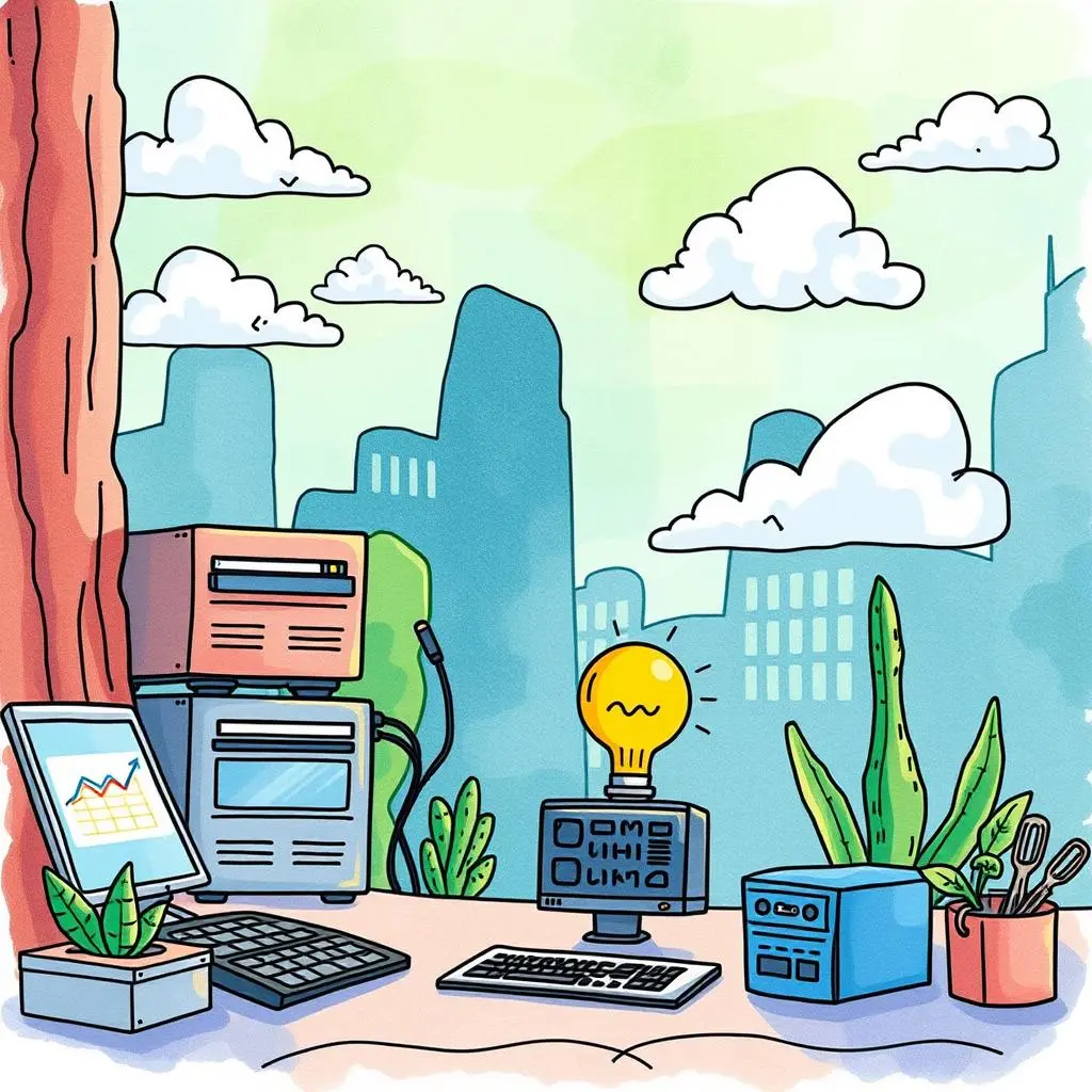 Backup test summary creator: Generate summaries of backup test results 1 Colorful illustration of an it workspace with backup systems and plants.