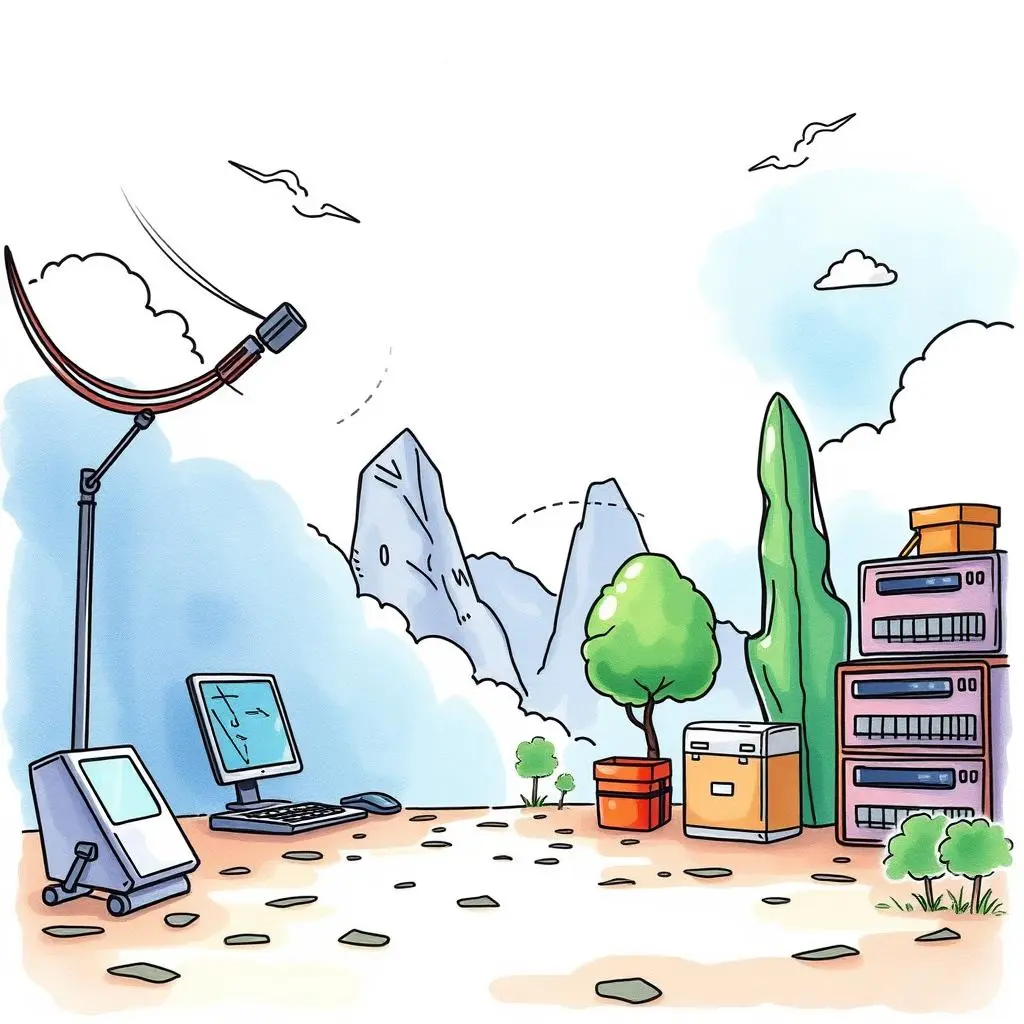 Document backup procedure generator: Create comprehensive backup documentation automatically 1 Colorful illustration of a tech landscape with backup equipment and documents.