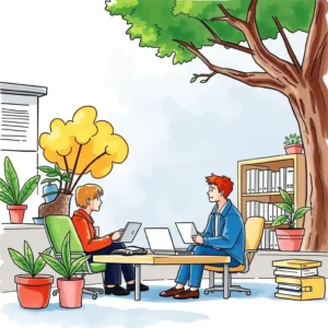 Benefit communication message builder: Generate clear benefits information for employees 7 Two professionals collaborating in a bright office setting with laptops and plants around them
