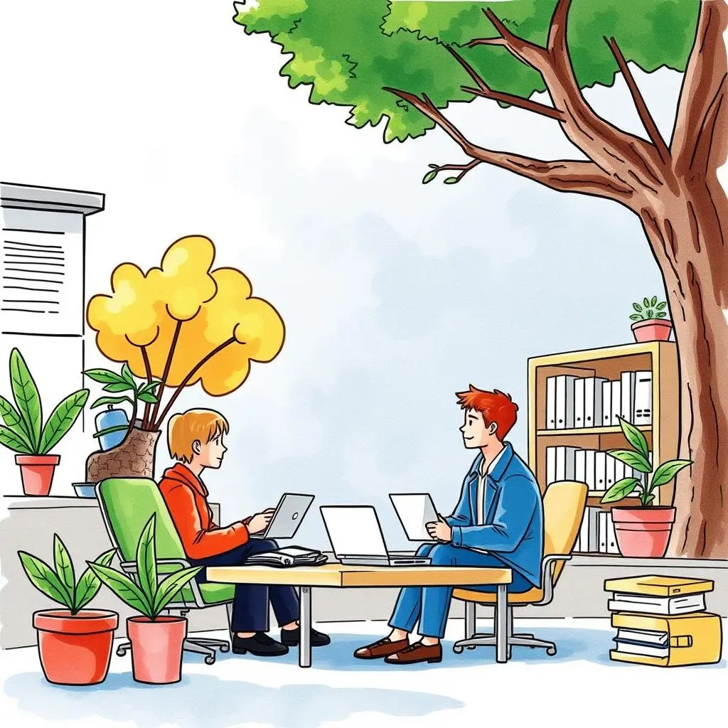 Two professionals collaborating in a bright office setting with laptops and plants around them