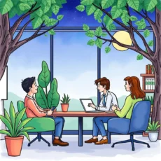 A group of HR professionals discussing benefits enrollment in a modern office setting surrounded by plants.