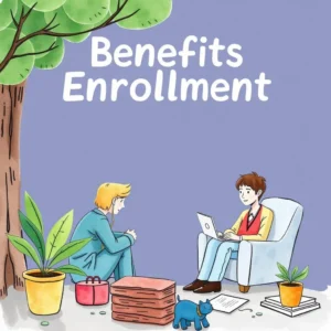 custom enrollment message creator illustrated scene with two characters discussing benefits enrollment