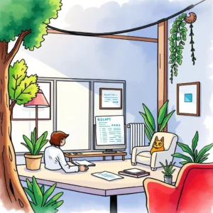 A person in a modern office setting analyzes an Enrollment Change Report on a computer.