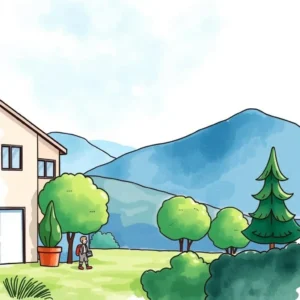 A serene landscape featuring a person walking near a house and trees.