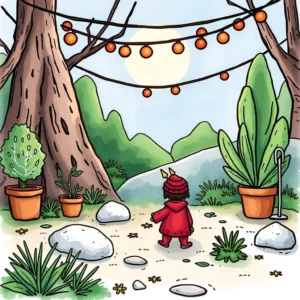 A child in a red outfit walks through a garden surrounded by vibrant plants and decorative lights
