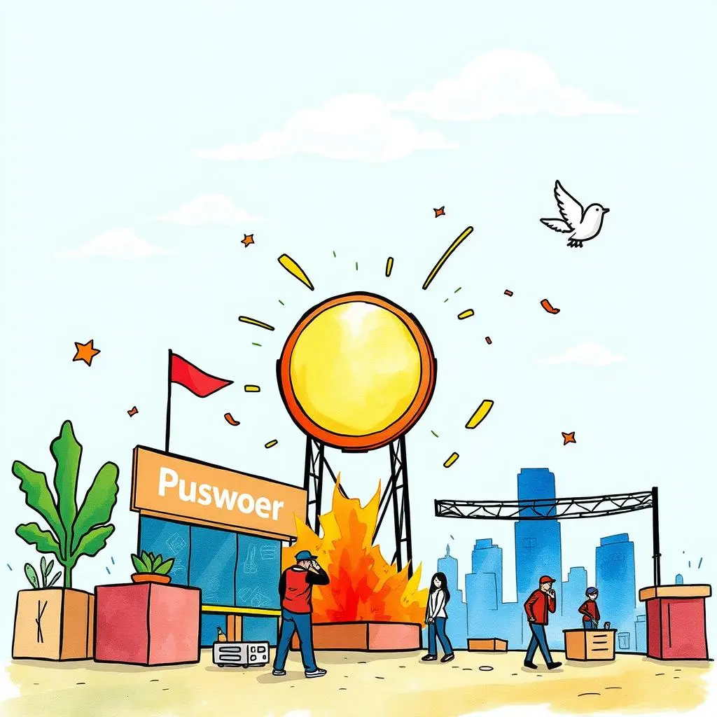 Brand message refinement: Optimize brand messages for clarity and impact 1 A vibrant illustration depicting a lively brand activation event with people engaged and a large sun symbolizing energy.