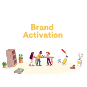 Brand Activation collaboration scene with diverse individuals brainstorming ideas for marketing strategies