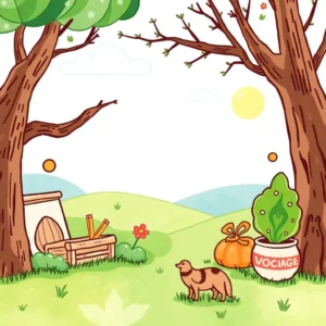 A serene illustration of a cozy outdoor scene with a dog, trees, and playful elements, ideal for brand guidelines.