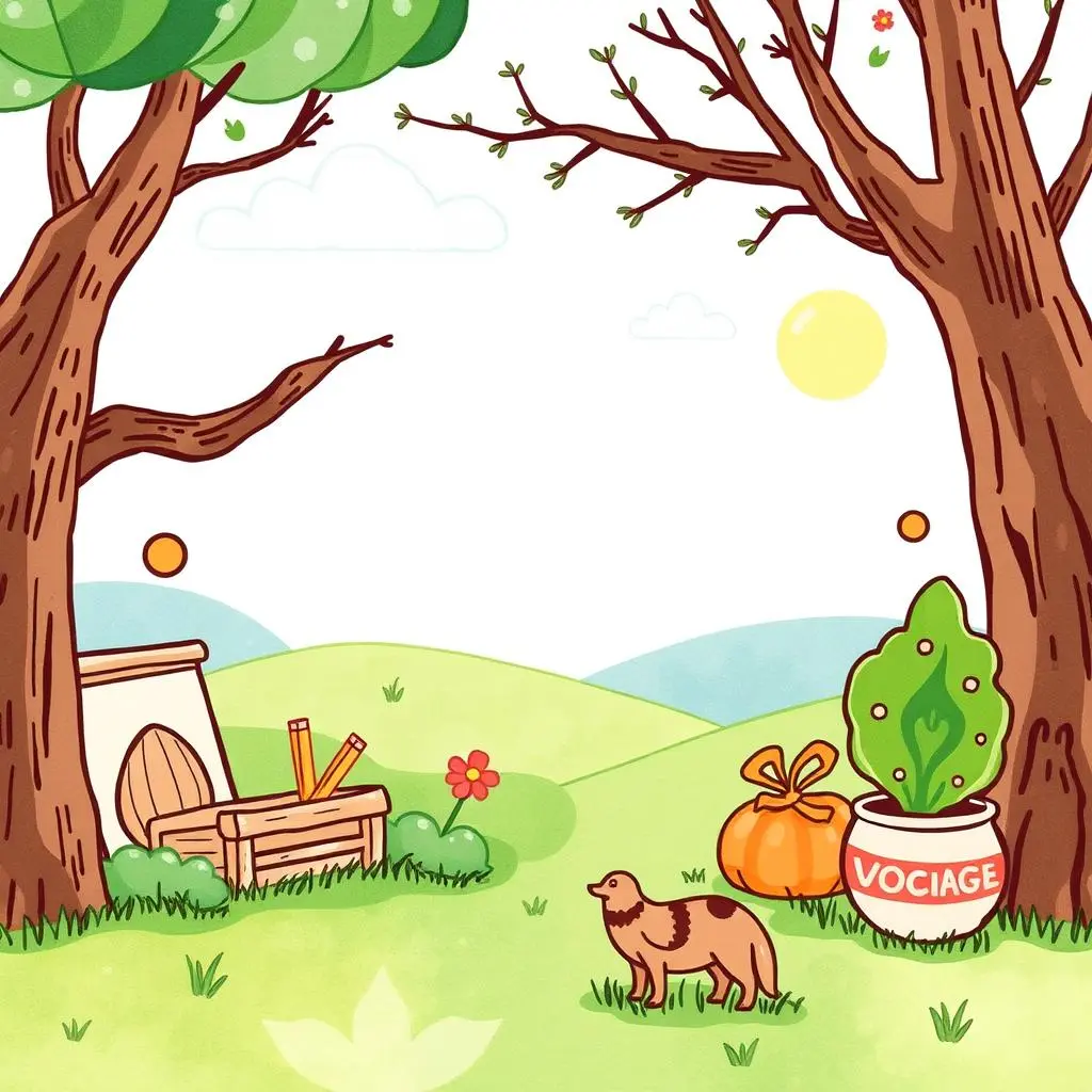 Guideline clarity enhancer: Simplify and clarify brand guidelines 1 A serene illustration of a cozy outdoor scene with a dog, trees, and playful elements, ideal for brand guidelines.