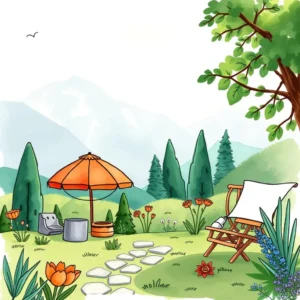 A serene outdoor space featuring an orange umbrella, chair, and flowers, ideal for content planning.