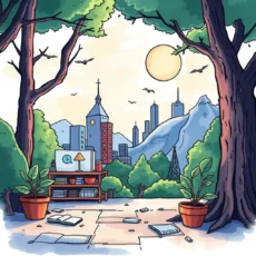 A vibrant illustration of an outdoor workspace amidst a cityscape, symbolizing social media analysis.