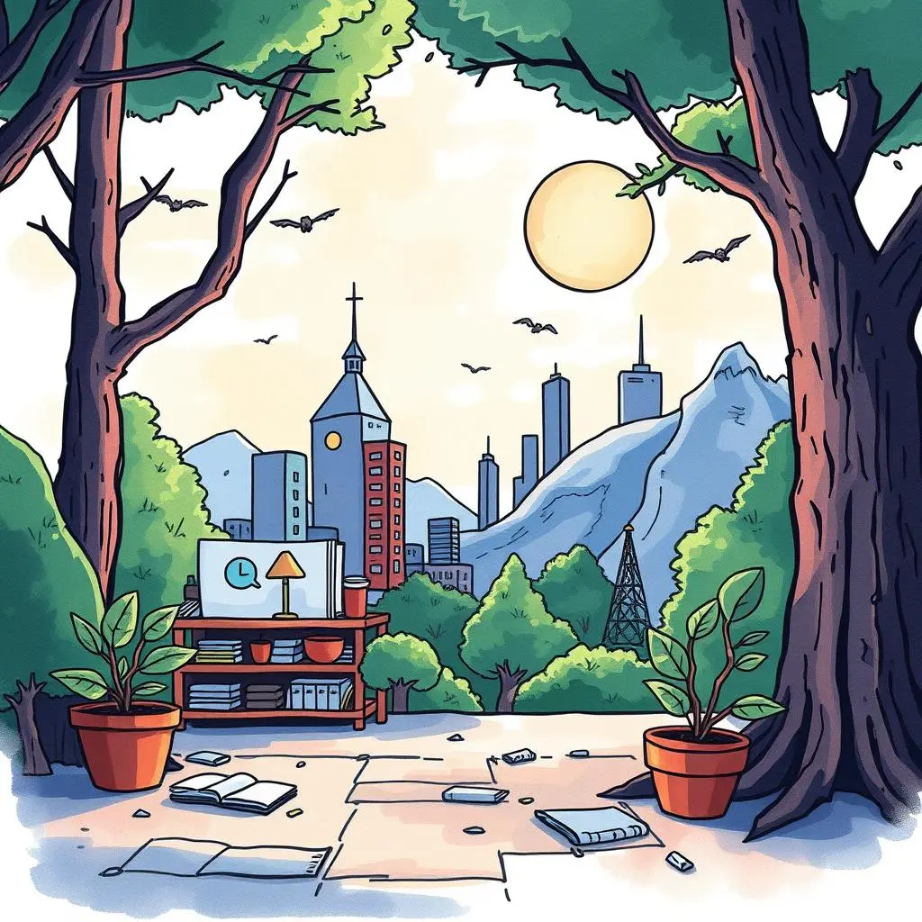 Social media trend tracker: Analyze trends to update brand strategies 1 A vibrant illustration of an outdoor workspace amidst a cityscape, symbolizing social media analysis.